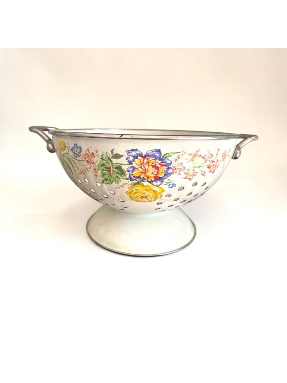 Vintage Kobe Enamelware Floral Colander Footed Enamel Strainer